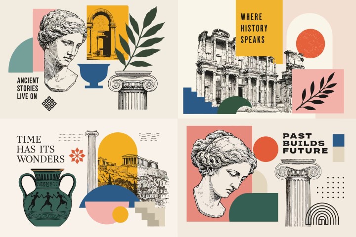 Ancient Greek history and culture artistic collage.